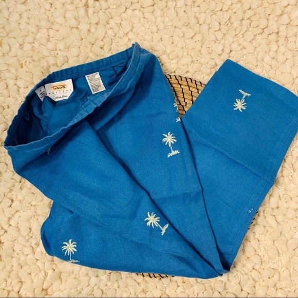 Talbots | Irish Linen Petite Blue Fully Lined Embroidered Palm Tree Pants 4 P - Picture 3 of 4